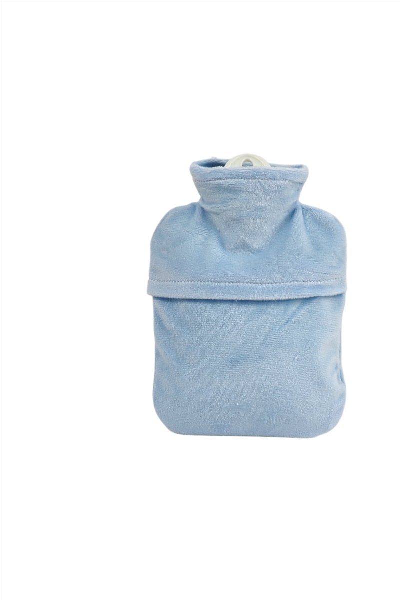 Blue hot water bottle cover, plain back view with stitched opening