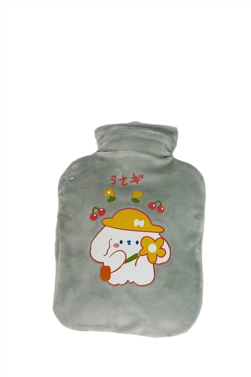 Gray cartoon hot water bottle cover with cute character wearing a yellow hat