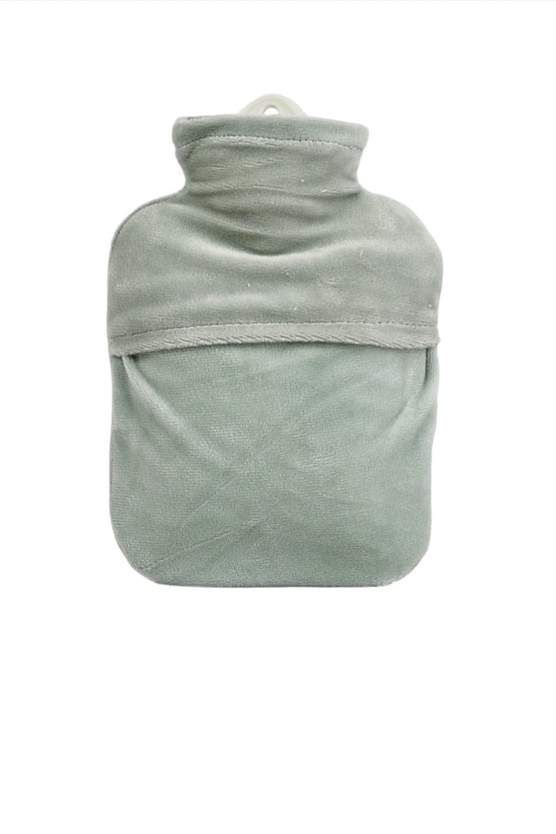Gray hot water bottle cover, plain back view with folded fabric texture