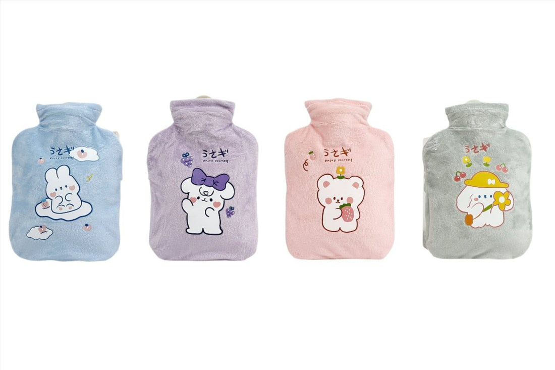 Cartoon hot water bottles set: blue, purple, pink, and gray with character designs