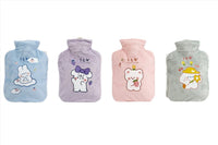 Cartoon hot water bottles set: blue, purple, pink, and gray with character designs