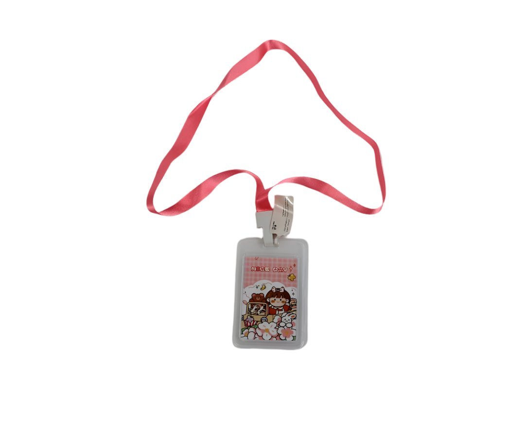 Pink lanyard ID card holder with cartoon character badge, clear plastic sleeve.