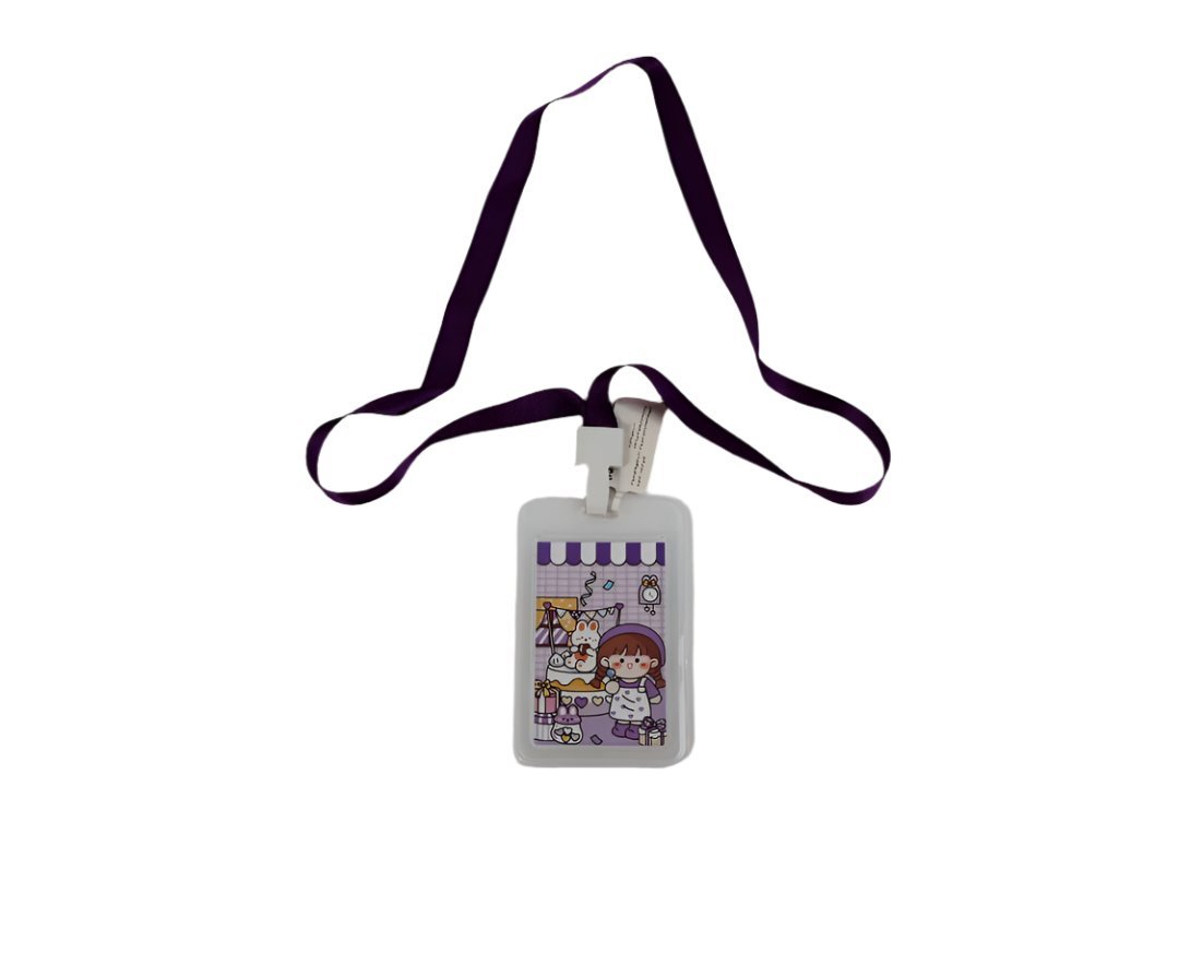 Purple lanyard ID card holder with cartoon street scene badge, clear plastic sleeve.