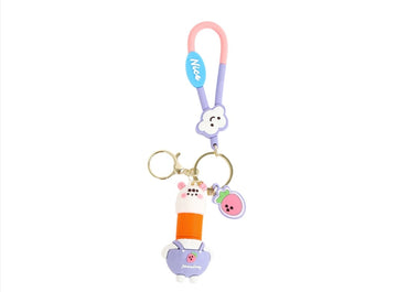 Rabbit cartoon keychain with pink loop, blue tag, orange spiral and hanging pig charm