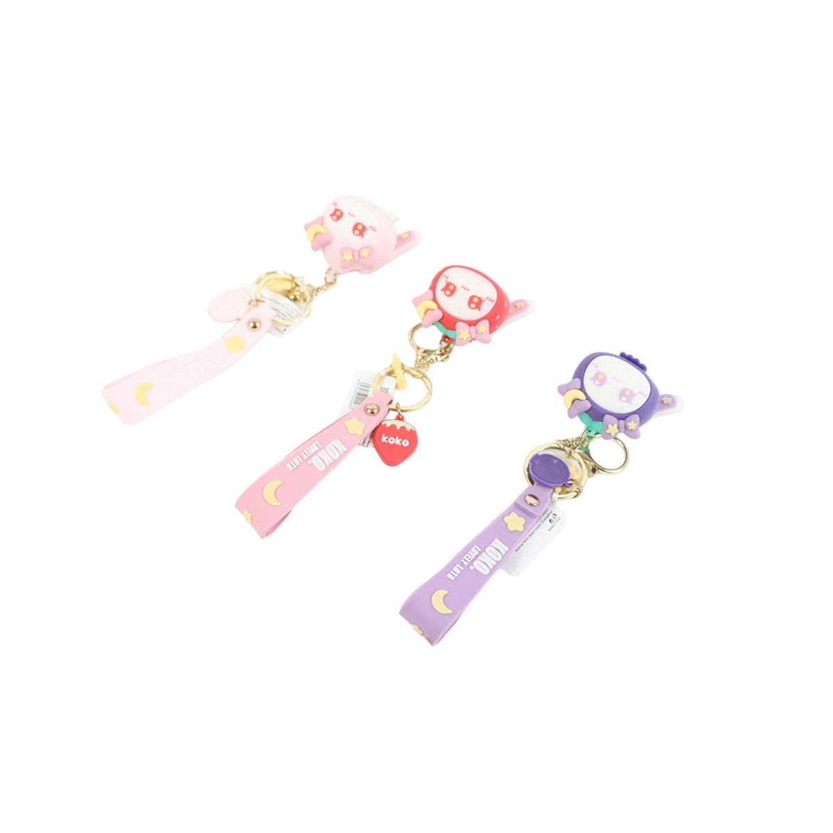 Cartoon fruit series keychains with straps, pink and purple figures on clips.