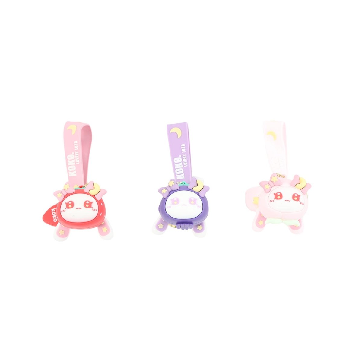 Cartoon fruit keychain set, three different animal faces on purple and pink straps.