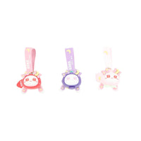 Cartoon fruit keychain set, three different animal faces on purple and pink straps.