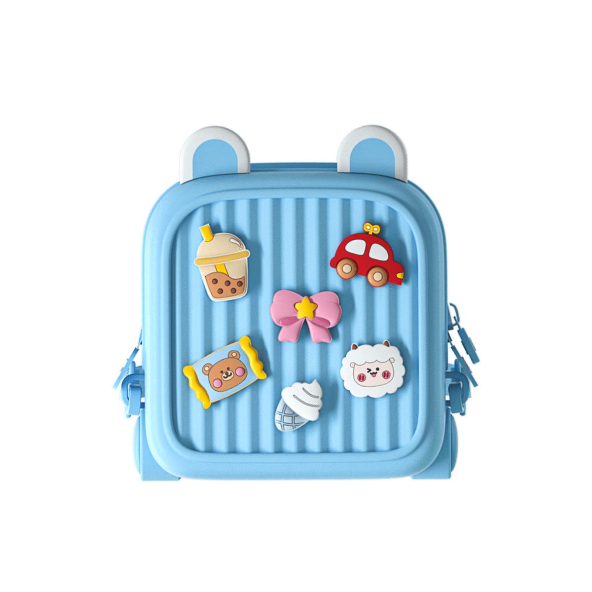 Light blue kids cartoon backpack with front zipper, striped fabric, and animal car cupcake charms