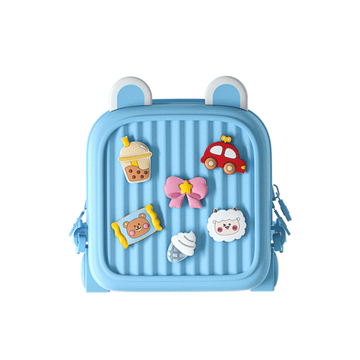 Light blue kids cartoon backpack with front zipper, striped fabric, and animal car cupcake charms