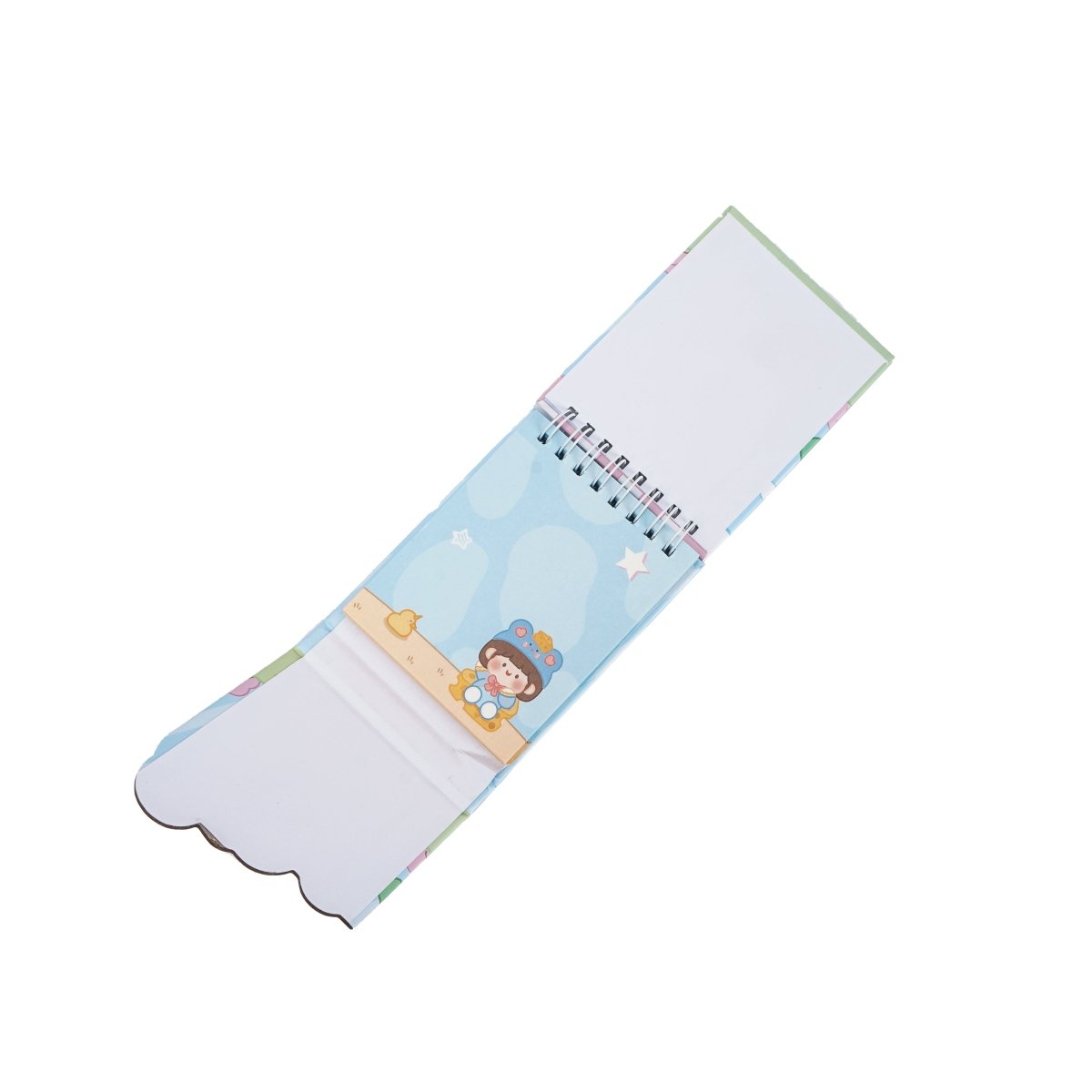 Mini magnetic buckle coil notebook, open view with character illustration and spiral