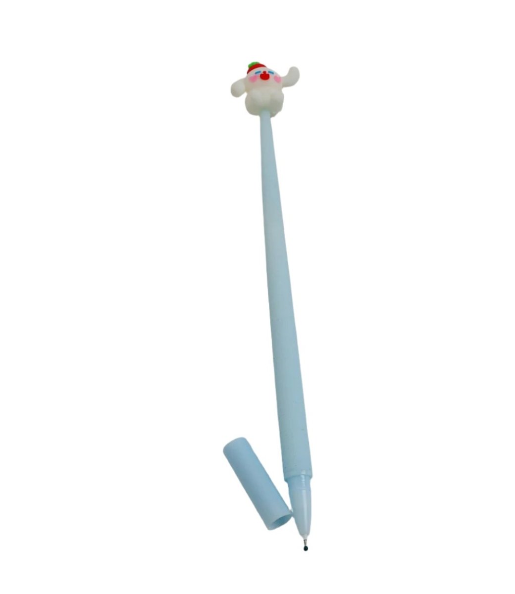 Blue cartoon pen with animal face topper and visible tip, slim body