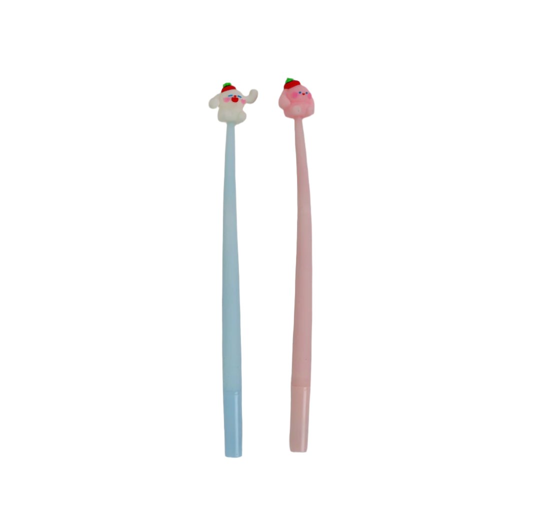 Pair of cartoon pens: blue and pink, each with animal face topper