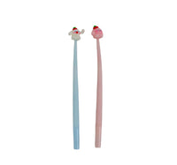 Pair of cartoon pens: blue and pink, each with animal face topper