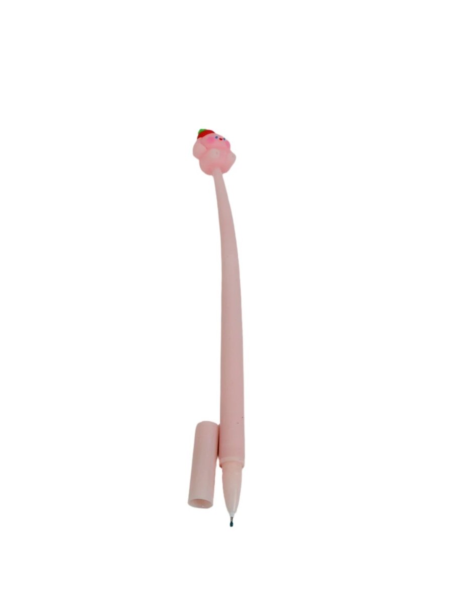 Pink cartoon pen with animal face topper and matching clip, slim body