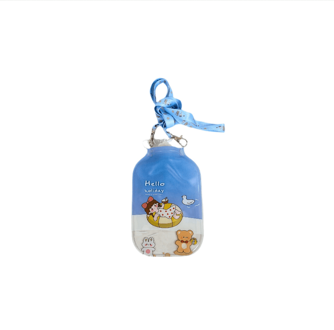Transparent hot water bottle with cartoon prints, blue long strap, 300ml pouch