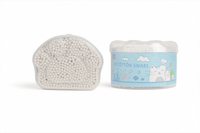 Cotton swab container with white cotton swabs and light blue cat design