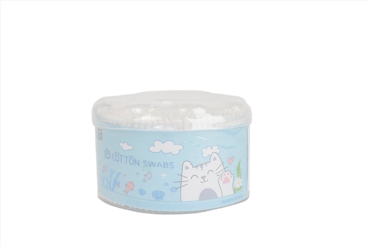 Cotton swab container, light blue with smiling cat and cloud graphics
