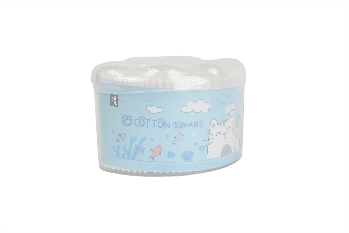 Cotton swab container, light blue label with cat illustration and bubbles