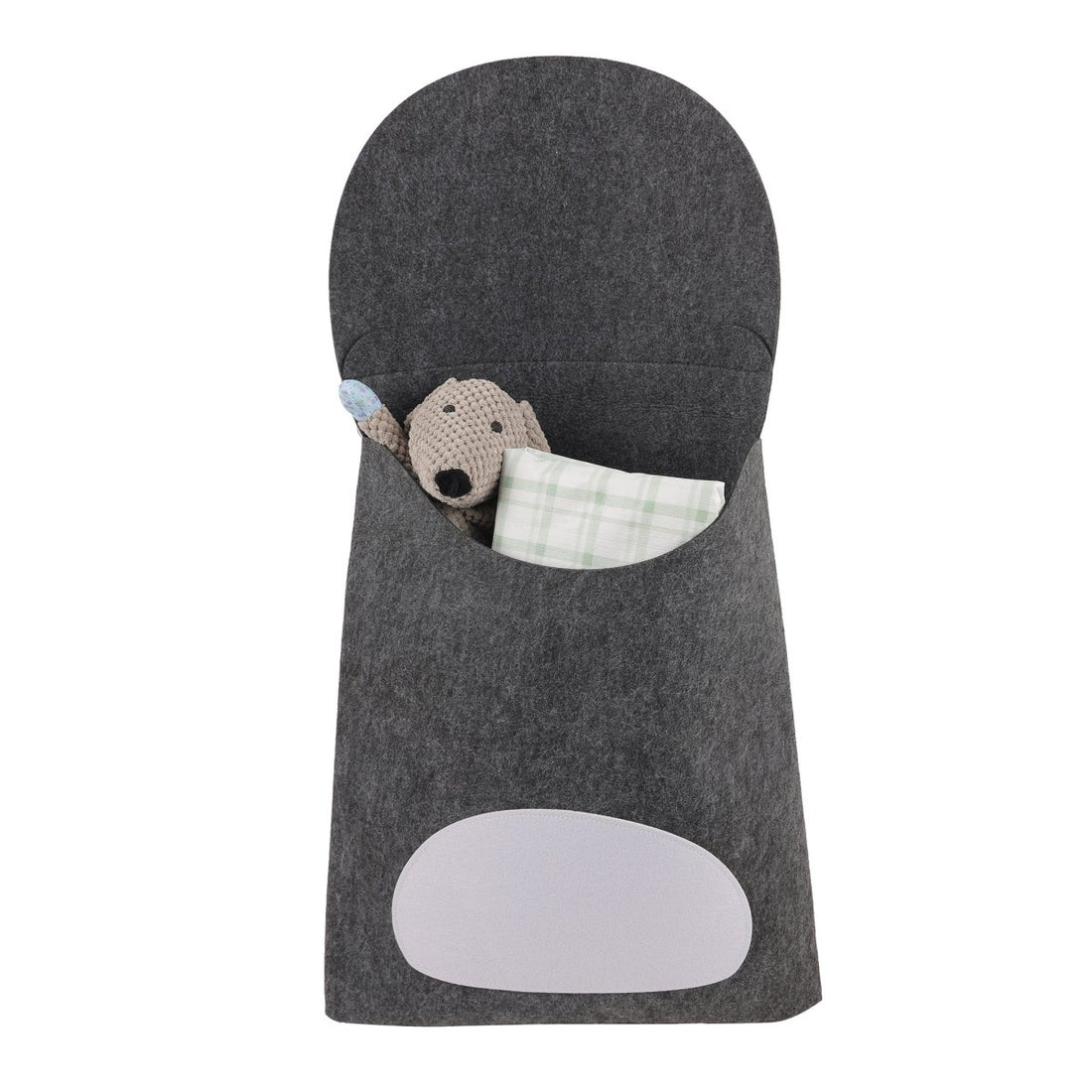 Dark gray felt laundry basket with rounded top and front cat face design