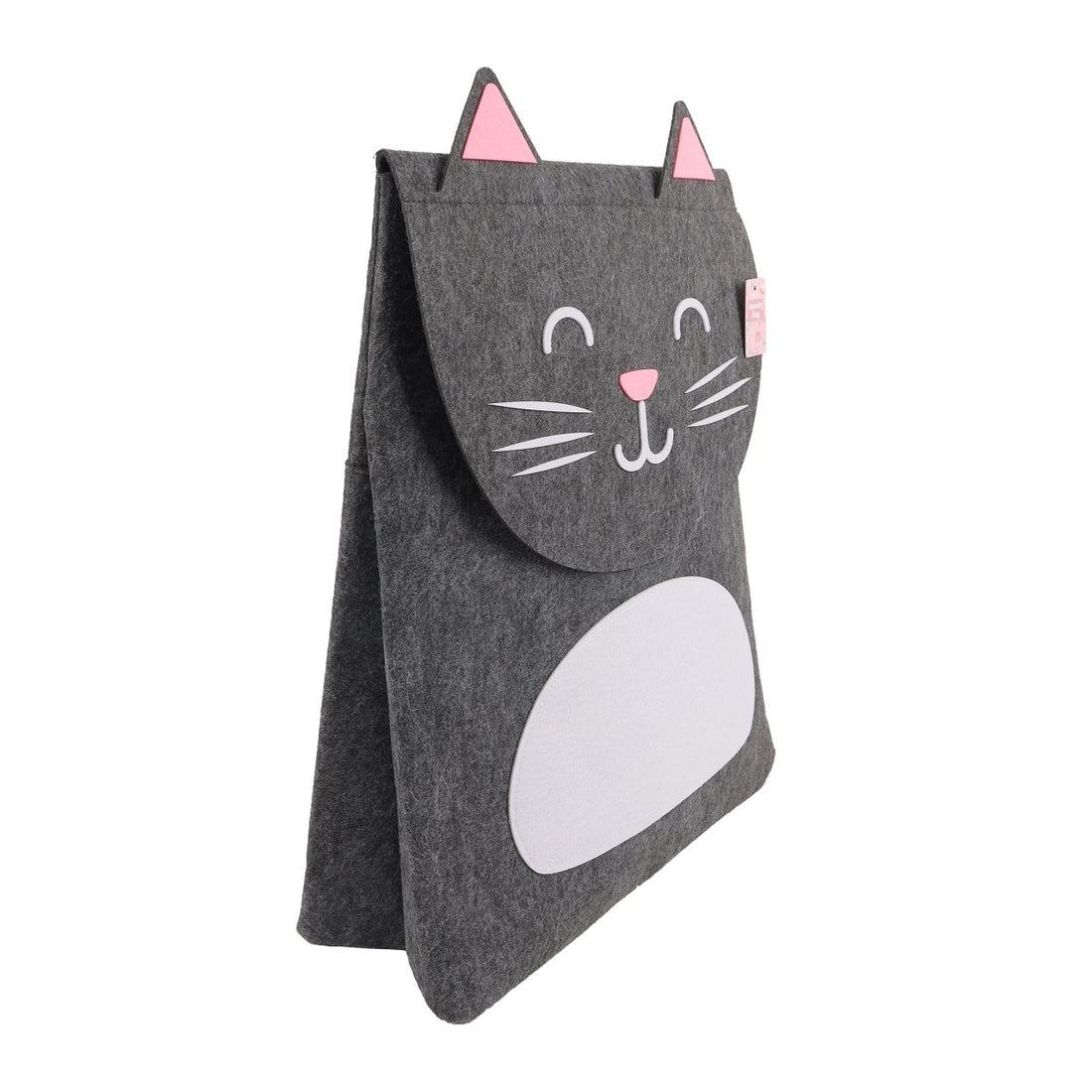 Dark gray felt laundry basket with cat face, pink ears, and top handle opening