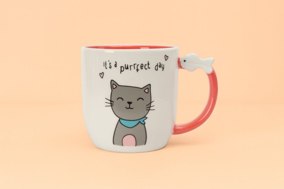 Ceramic cat mug with red handle, white body, gray cat graphic and heart text