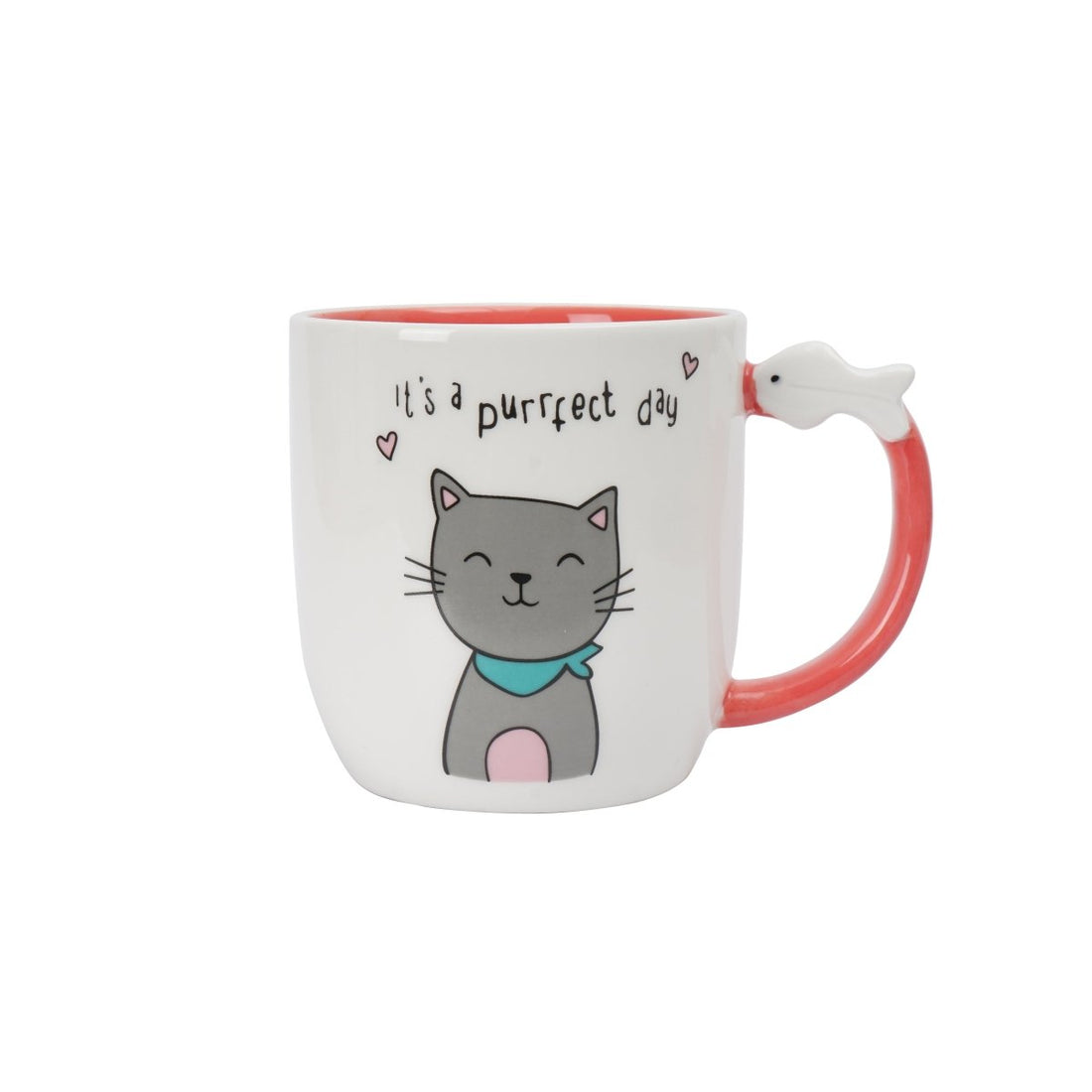 Ceramic cat mug with red handle, white body, centered gray cat print and hearts