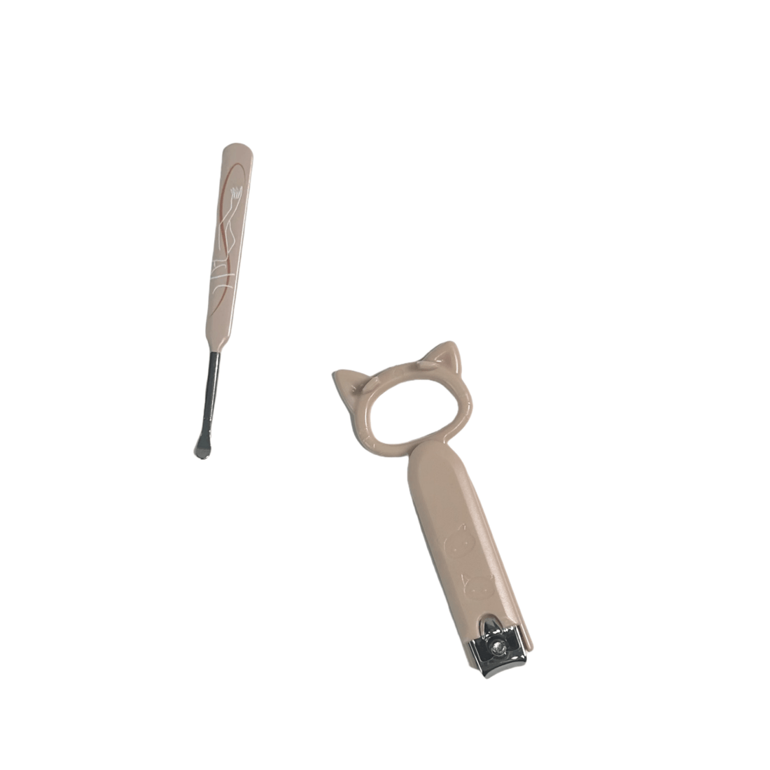 Cat-shaped nail clipper set with ear cleaner tool, beige handles and paw ring loop