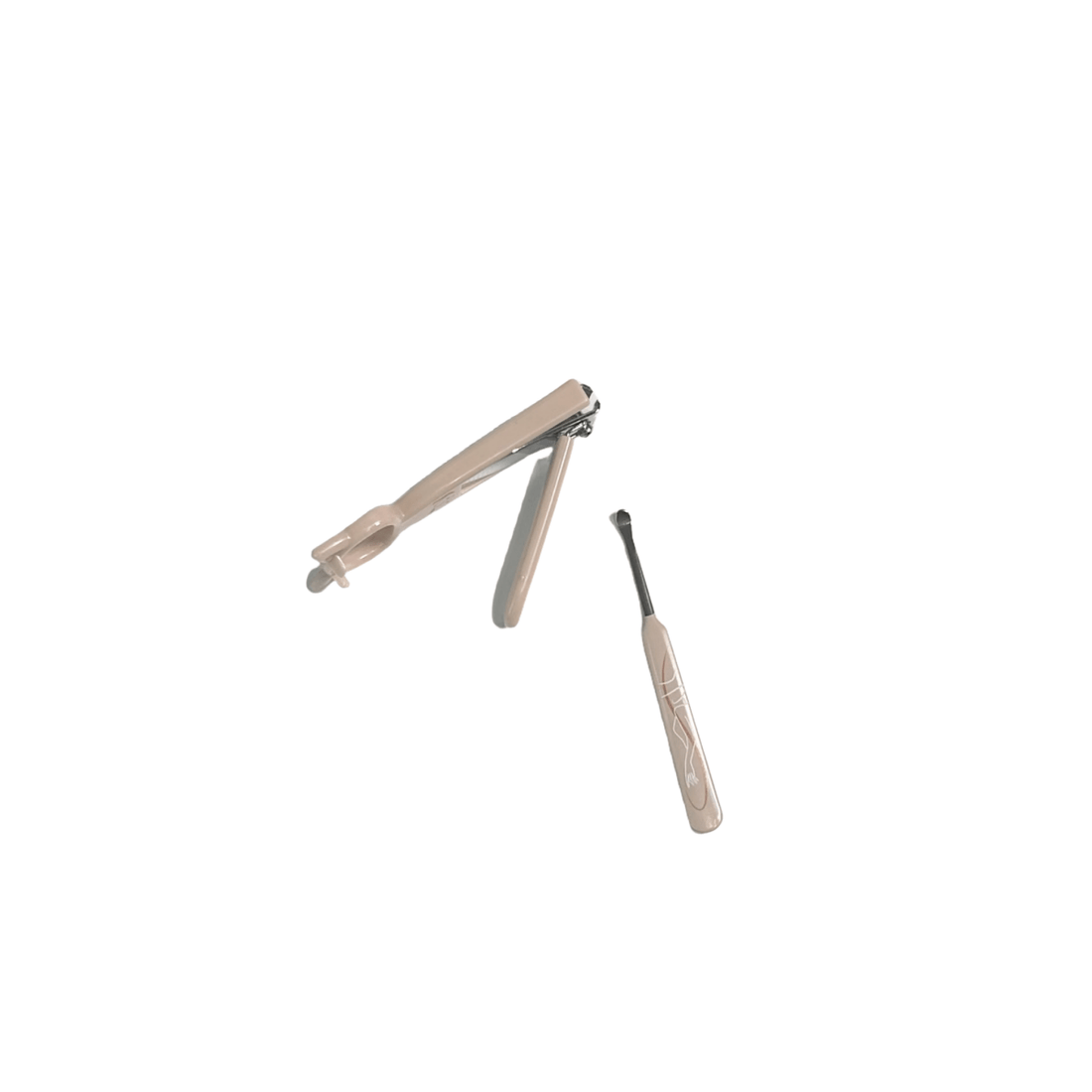 Cat nail clipper and ear cleaner tools, beige handles with black trimming blades