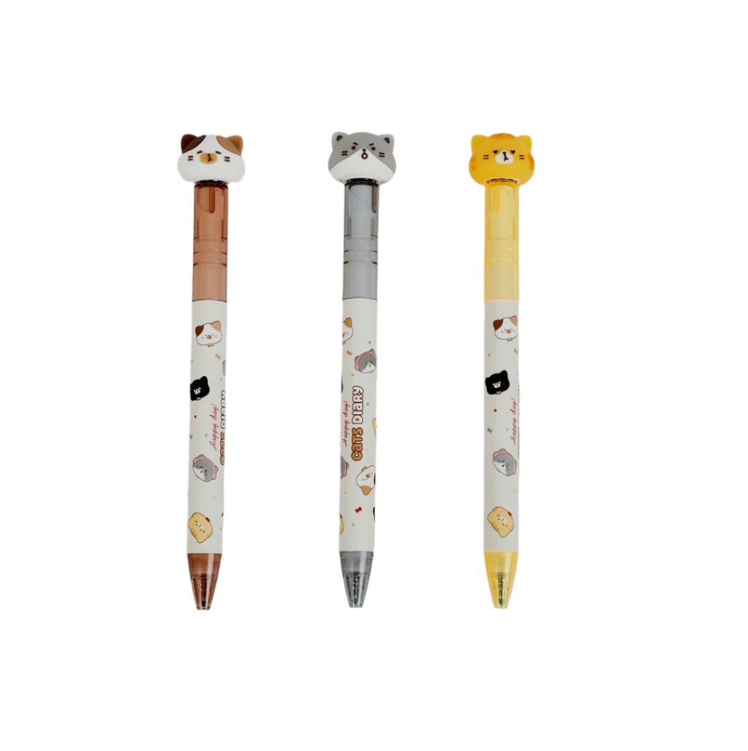 Set of three cat pens with cartoon caps in brown, gray, and yellow