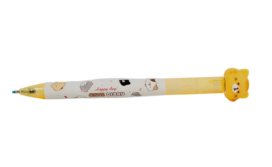 Yellow cat-themed pen with cartoon head grip and printed diary text on barrel