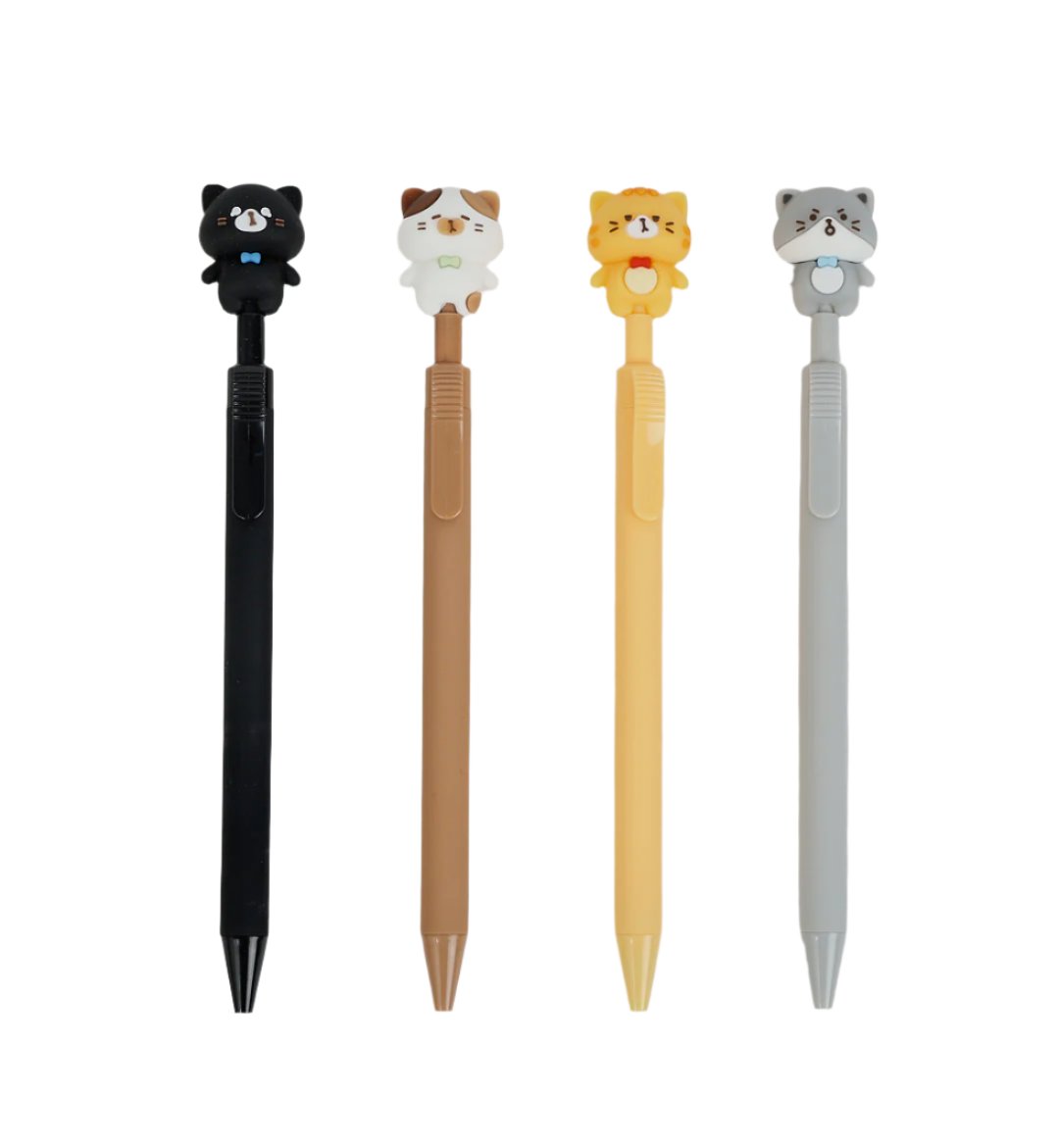 Four cat novelty pens shown: black, tan, yellow, and light gray with cat topper.