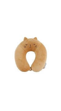 Cat travel neck pillow in tan plush, front view with cute whiskered face