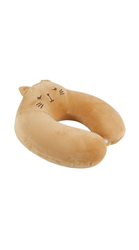 Plush tan cat travel neck pillow with rounded U shape and whisker design
