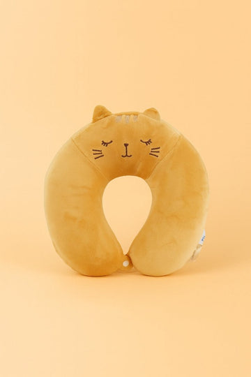 Cat-shaped travel neck pillow, plush tan with cartoon face on front
