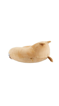 Tan plush cat travel neck pillow, side profile with small tail detail