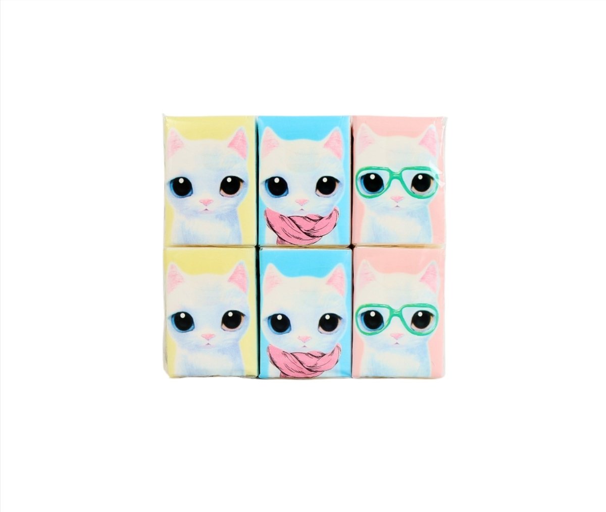 Cute cats tissue box front view with 6 pastel cat faces and pink mouths