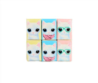 Cute cats tissue box front view with 6 pastel cat faces and pink mouths