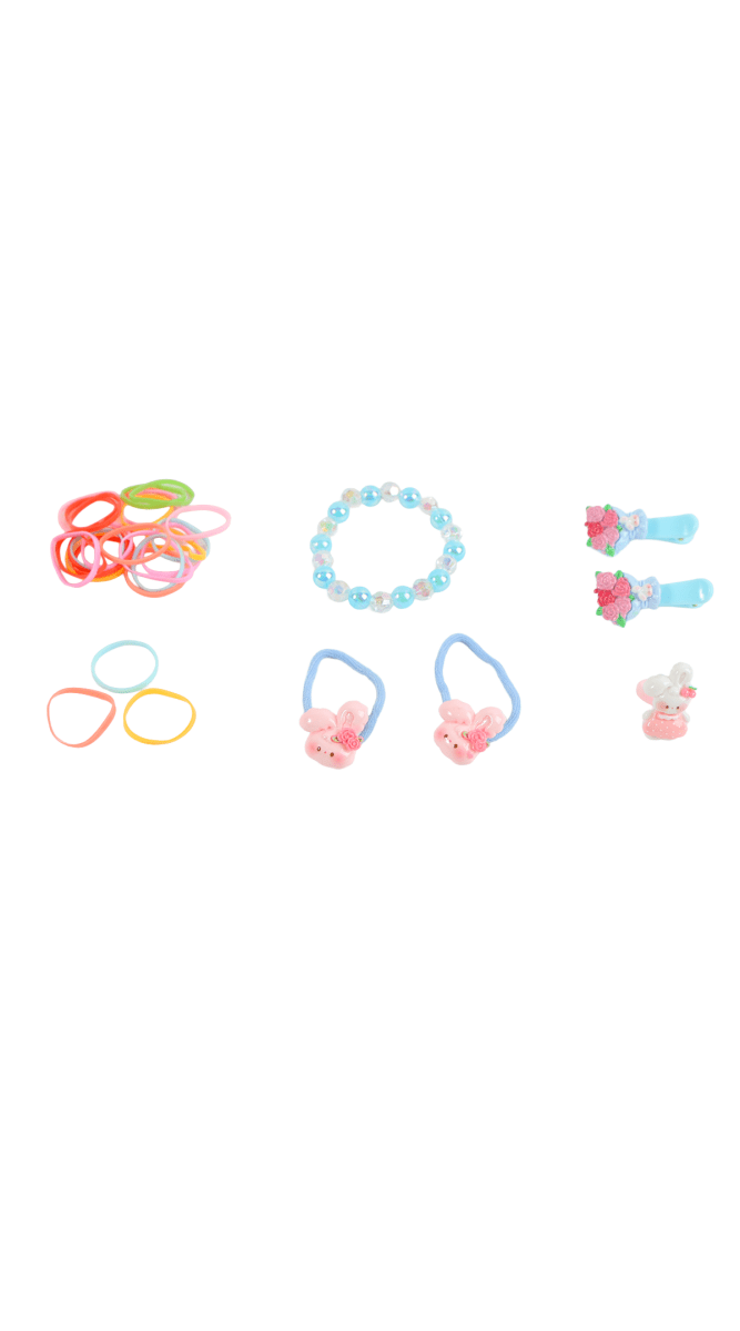 Girls jewelry set accessories with rainbow bracelet, bead ring, colored glasses, and bow earrings