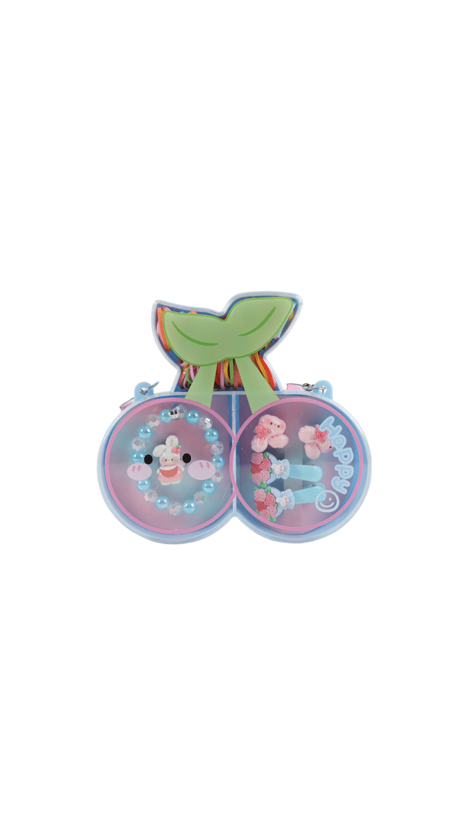 Cherry-shaped girls jewelry set with two pastel charm discs and green top piece