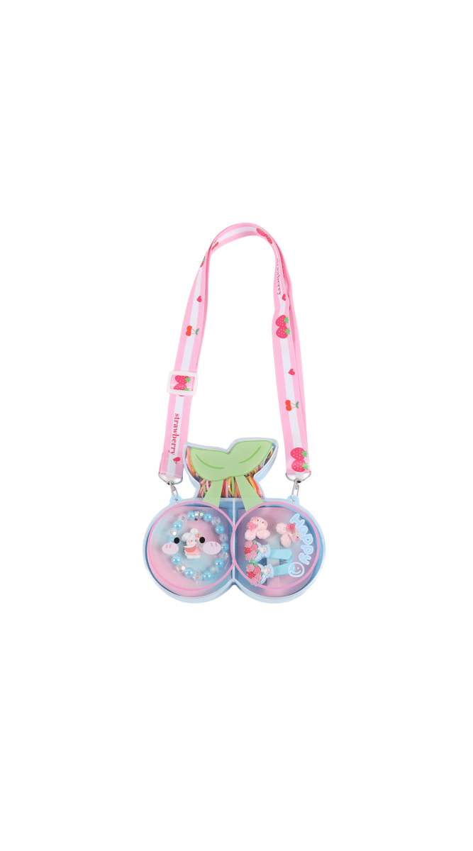 Cherry-shaped girls jewelry set with two charm discs and pink adjustable straps