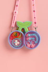 Cherry-shaped girls jewelry set with two charm discs and pink lanyard straps