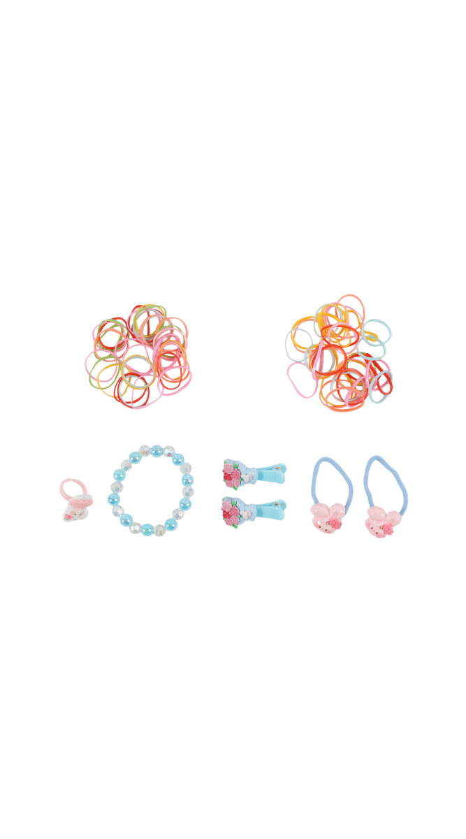 Girls jewelry set accessories: rainbow bracelet, bead bracelet, charm pieces, and clip earrings