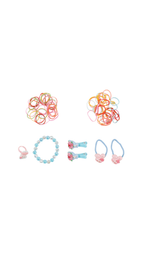 Girls jewelry set accessories: rainbow bracelet, bead bracelet, charm pieces, and clip earrings