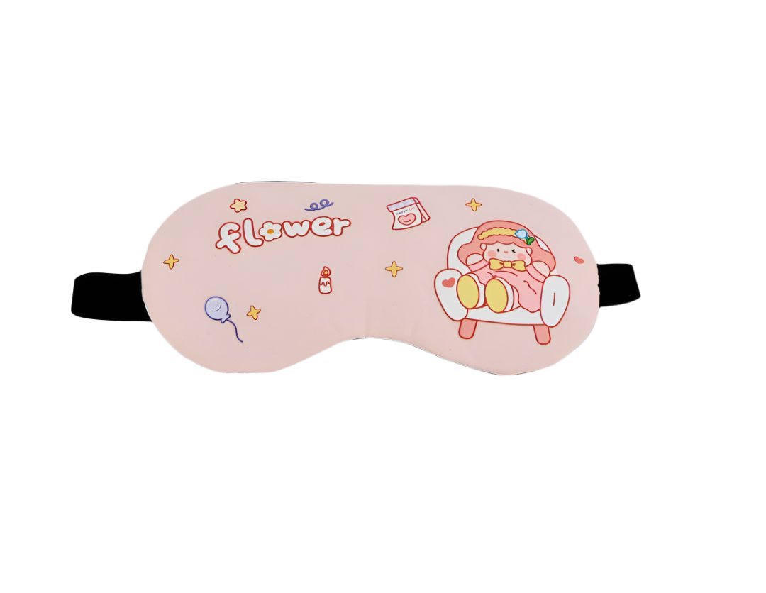 Sleeping blindfold with gel pad, pink cartoon Flower design and black side straps