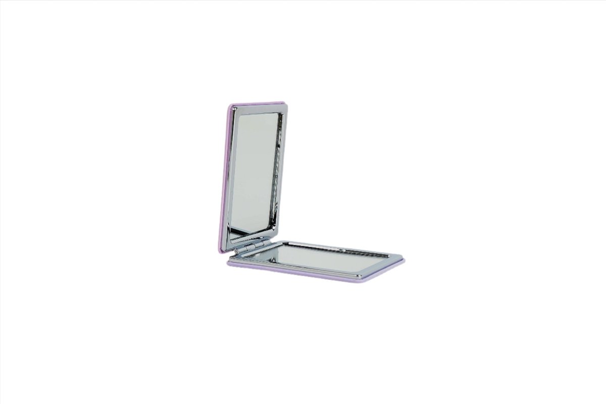 Compact mirror with open lid, reflective surface in light purple frame.