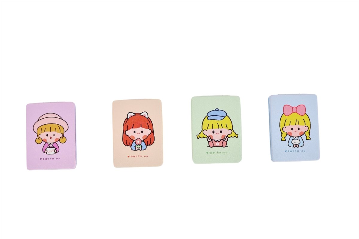 Set of four compact mirrors with cartoon character covers in pastel colors.