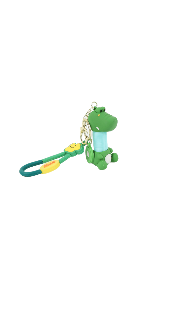 Silicone cartoon crocodile keychain in green with blue torso and teal loop handle