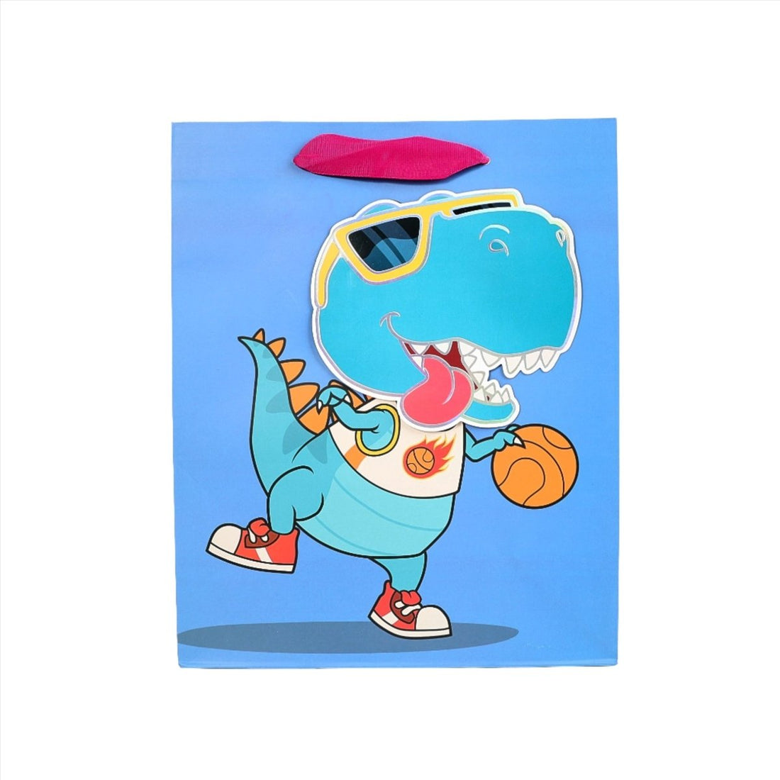 Kids dinosaur gift bag in blue with cartoon dino holding a basketball