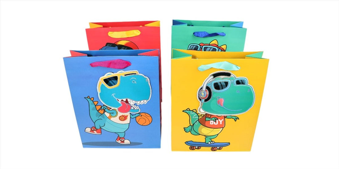 Kids dinosaur gift bags set, blue and yellow fronts with different dino designs