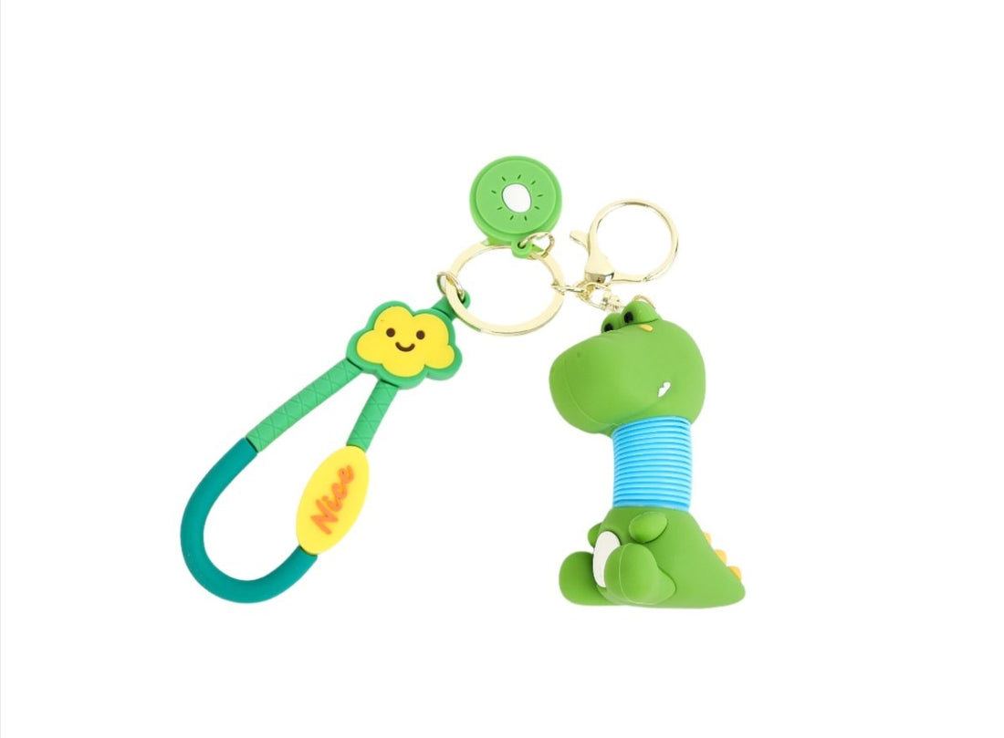 Green dinosaur telescopic keychain with blue coil and gold key ring